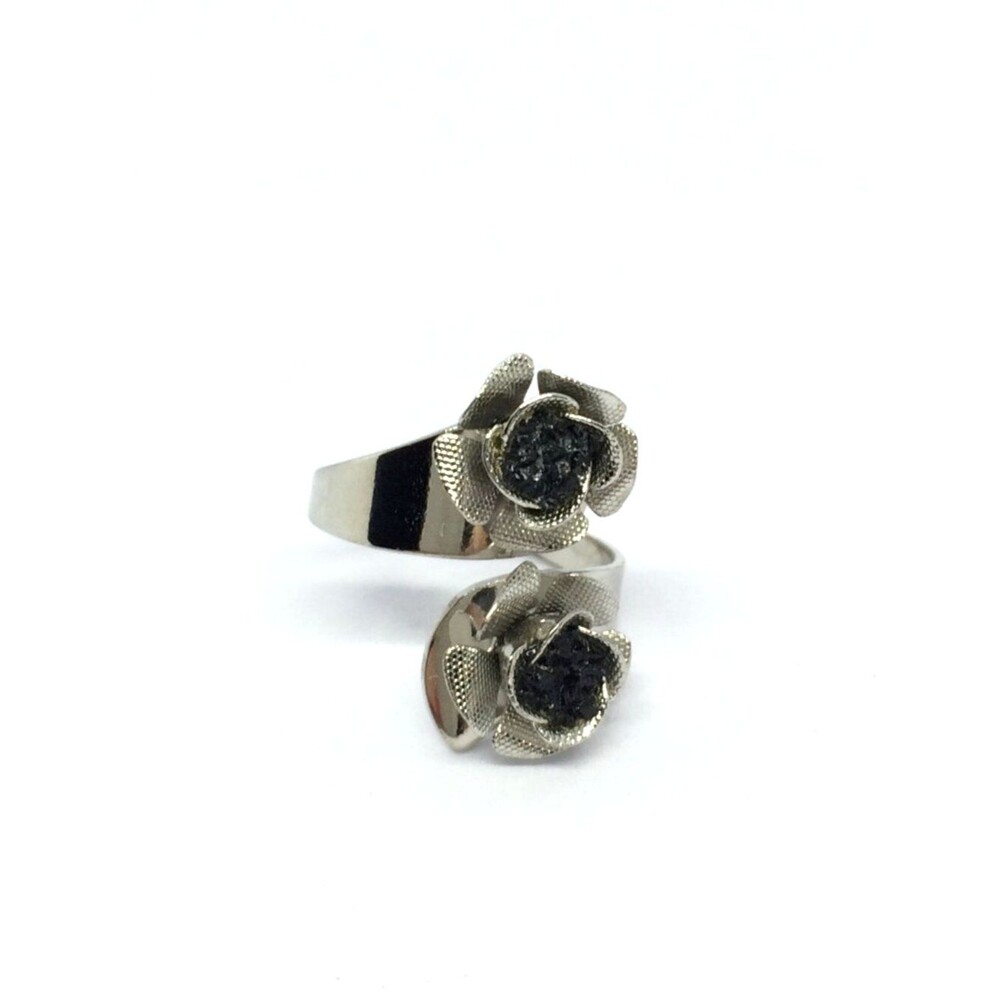 VINTAGE ROSE RING Black Druzy Bypass Silver Tone Floral Adjustable Gothic